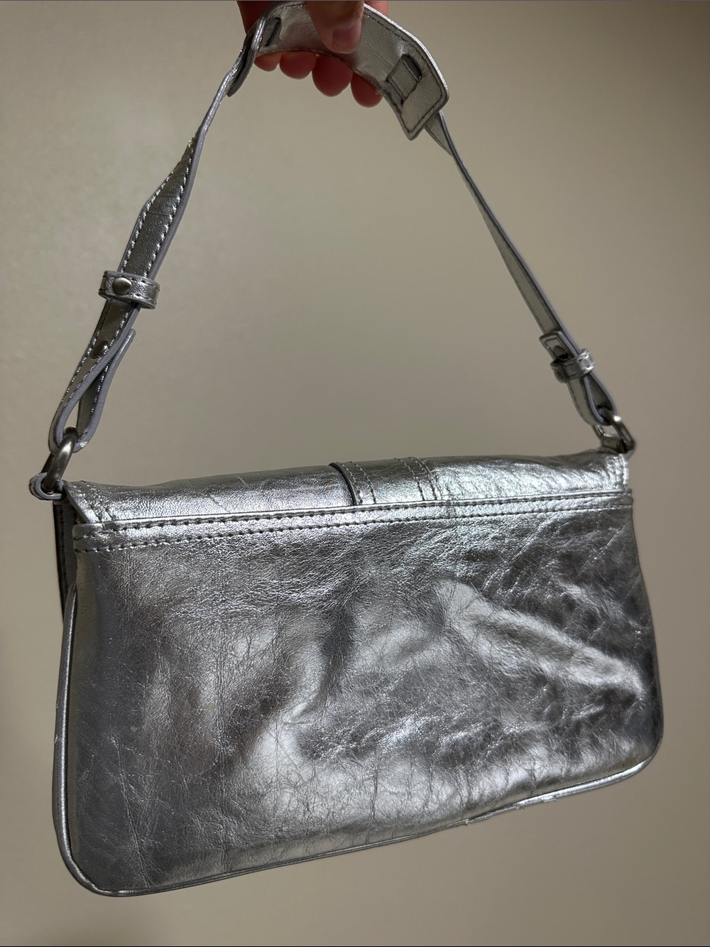 Y2K Vintage Giani Bernini Silver Metallic Buckle Baguette Shoulder Bag